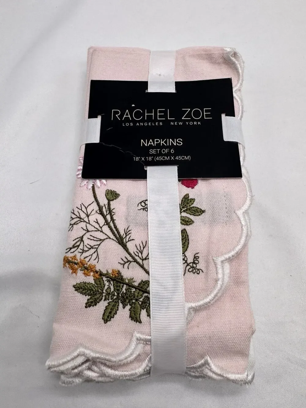 Rachel Zoe Cotton Blend Napkins Set of 6 18x18 Embroidered Floral Cottage Picnic